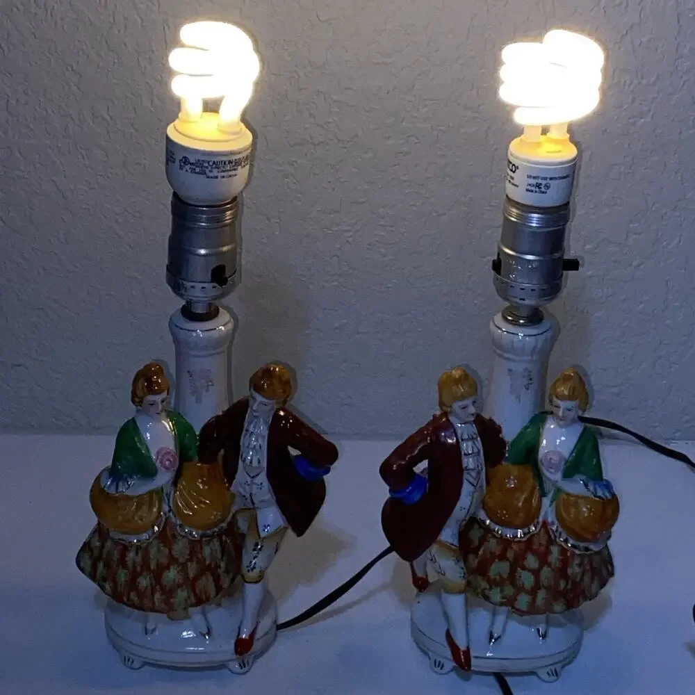 VTG Set Of‎ 2 Made In Occupied Japan Porcelain Lamps Figurines Couples Work READ